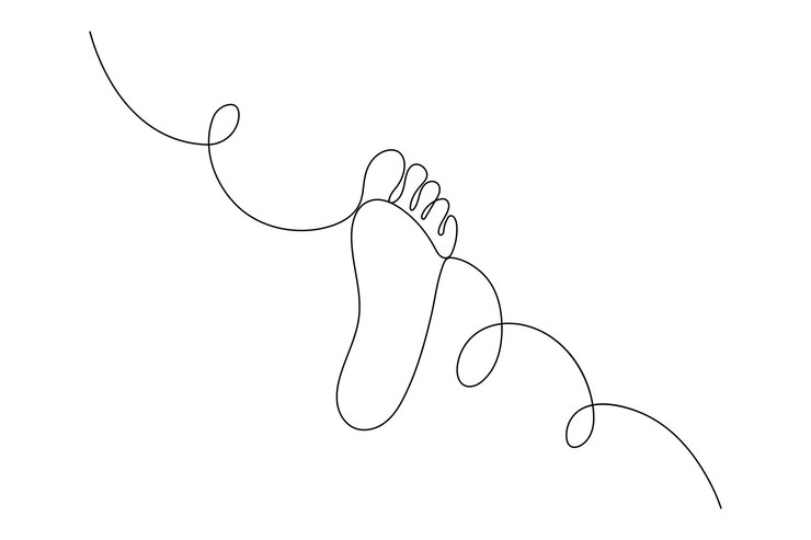 Vetor uma linha desenhando o pé descalço humano em linha contínua desenhando descalço