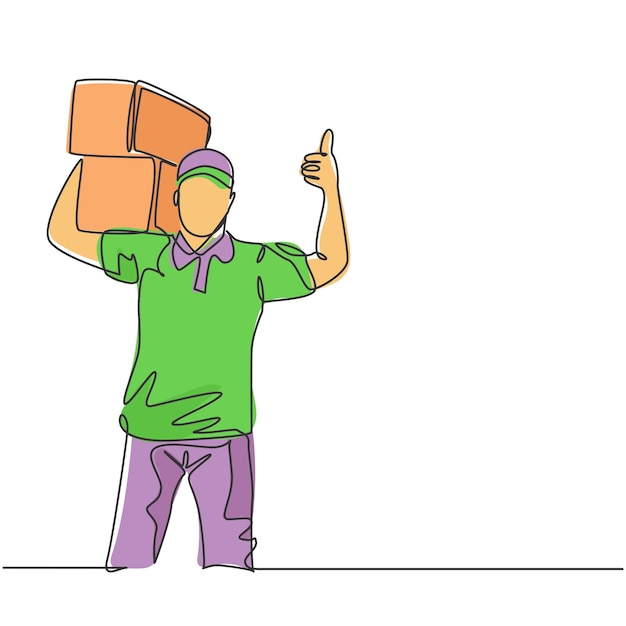 Vetor uma linha desenhando um jovem entregador feliz fazendo um gesto de polegar para cima enquanto levanta pacotes de caixa de papelão