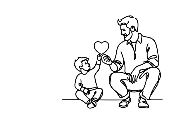 uma linha preta contínua desenhando pai e filho brincando juntos e segurando um rabiscado em forma de coração