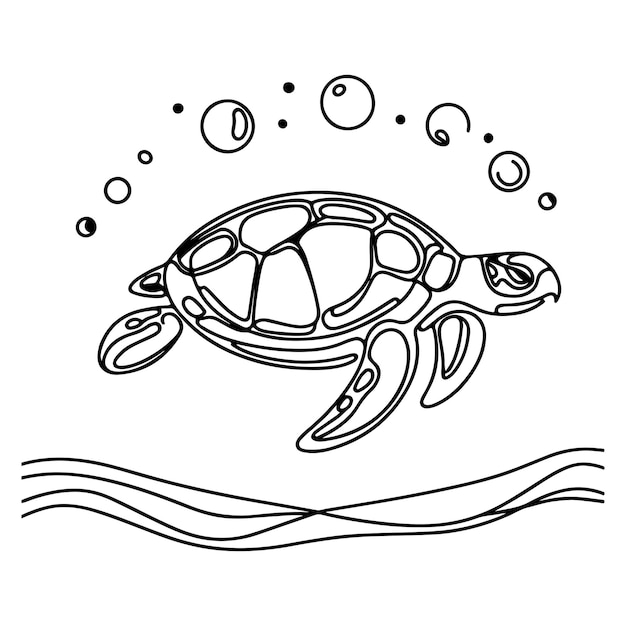 uma linha preta contínua desenho à mão tartaruga animal marinho doodle ilustração vetorial em branco