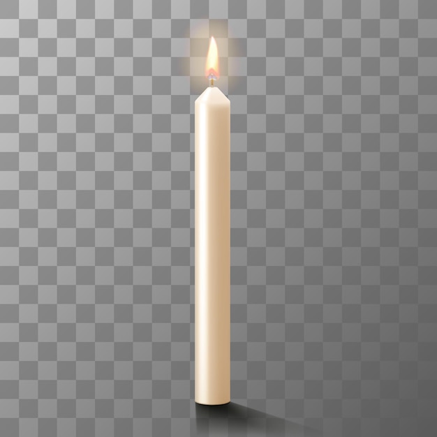 Uma longa vela branca acesa feita de cera isolada em um fundo transparente simulado