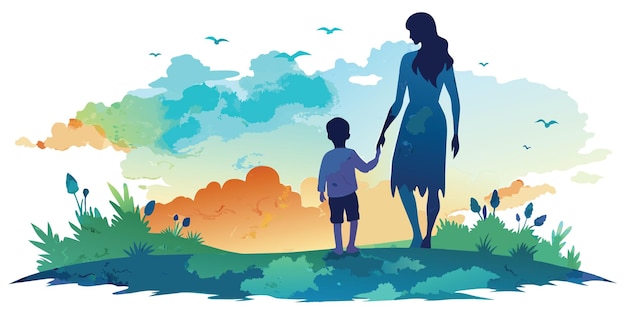Vetor uma mãe e um filho caminhando no parque com fundo de aquarela