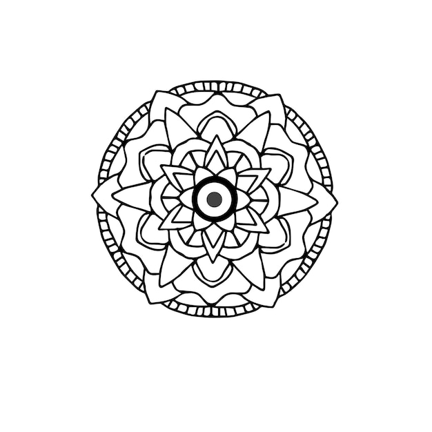 Uma mandala preta e branca com um olho roxo no centro.