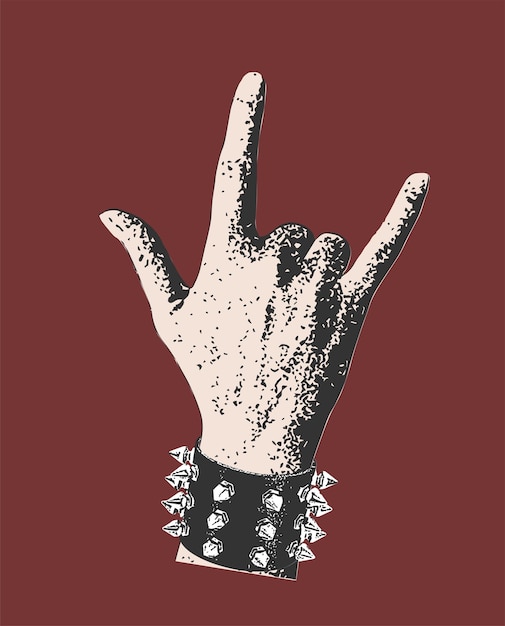 Vetor uma mão com um sinal de mão cravado de metal em um fundo vermelho.