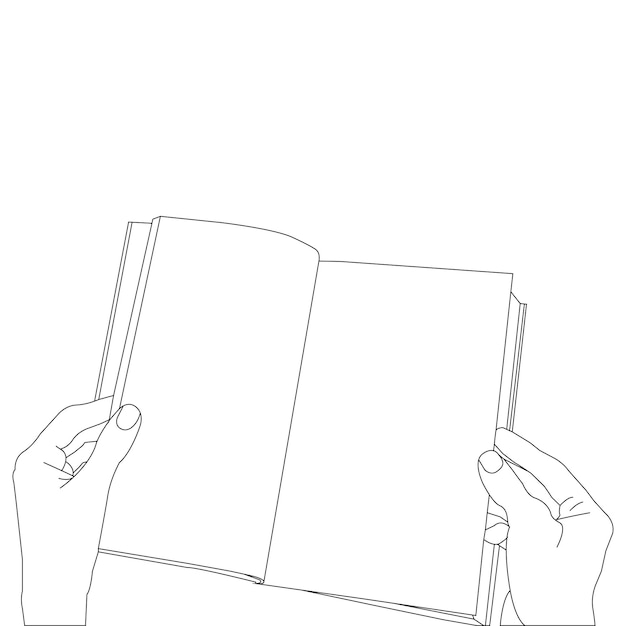 Uma mão de desenho de linha segurando o livro e o vetor de contorno no fundo branco