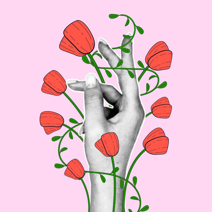 Uma mão de mulher com um efeito de meio tom entrelaçado com tulipas em um estilo de desenho animado