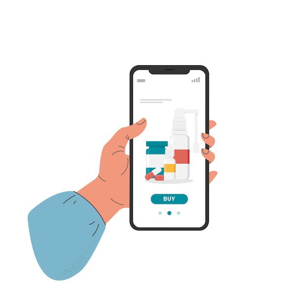 Uma mão humana plana de desenho animado segurando um smartphone usando um aplicativo móvel para compras on-line