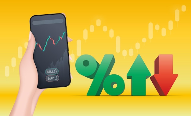 Uma mão segura um telefone com um gráfico de crescimento. O conceito de negociação na bolsa de finanças. Estilo realista volumétrico. Vetor.