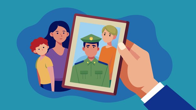 Vetor uma mão segurando firmemente uma foto de um membro da família em uniforme militar refletindo o intenso