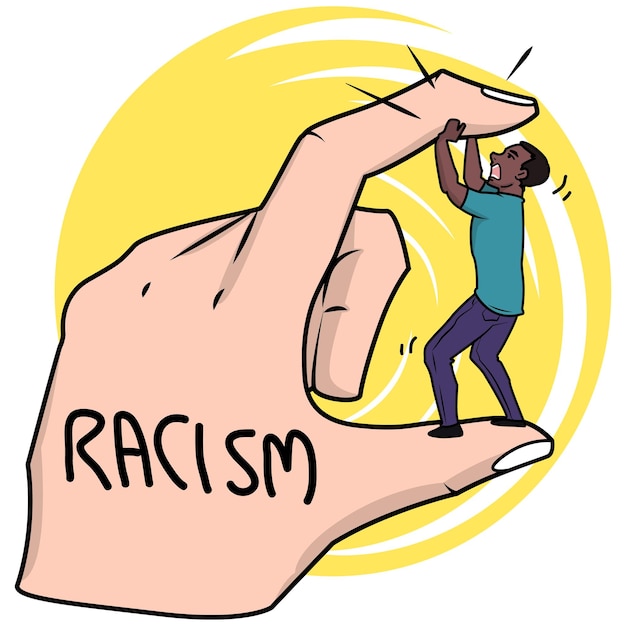 Uma mão segurando um homem com a palavra racismo