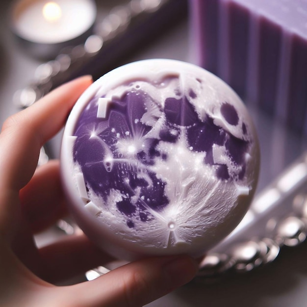 Vetor uma mão segurando um prato roxo e branco com as palavras crânio nele