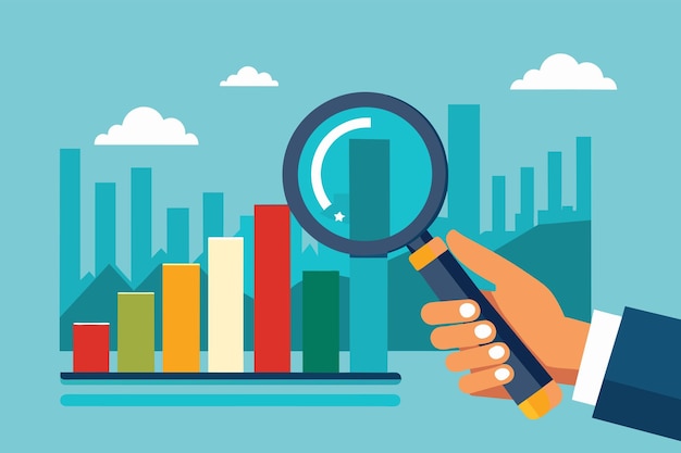 Vetor uma mão segurando uma lupa examina um gráfico de barras que significa análise de dados para decisões de negócios informadas