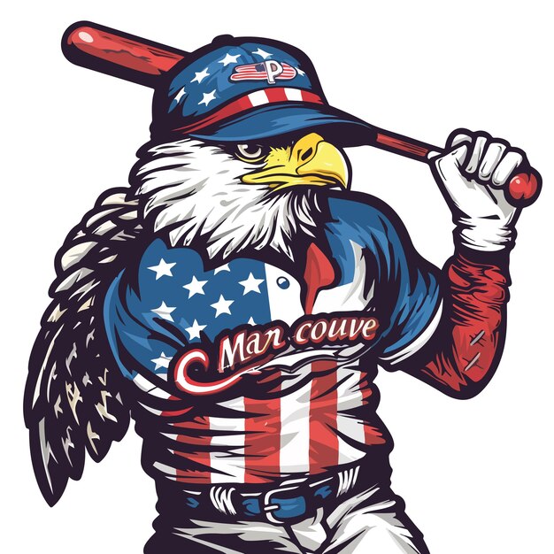 Uma mascote de águia com um uniforme vermelho, branco e azul segurando um taco de beisebol