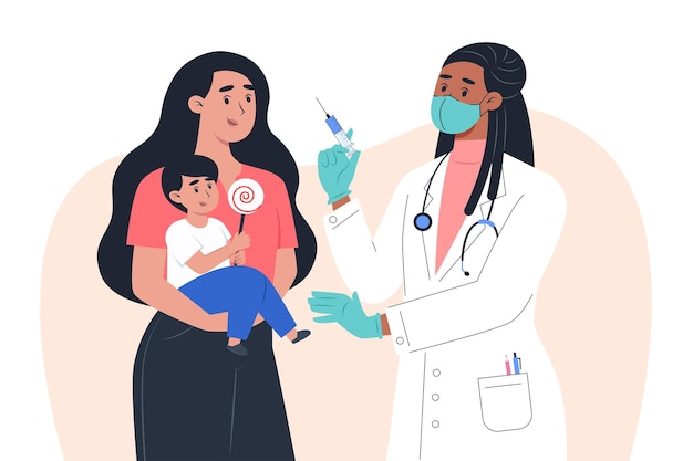 Vetor uma médica com uma máscara e luvas faz uma vacina para uma paciente infantil
