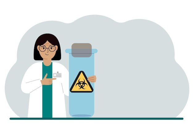 Vetor uma médica ou cientista está segurando um tubo de ensaio com uma etiqueta de aviso de risco biológico ou vírus perigo biológico