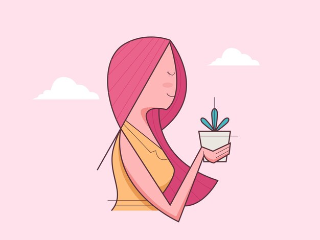 Uma menina adorável segurando um vaso de flores ilustração vetorial de férias de primavera