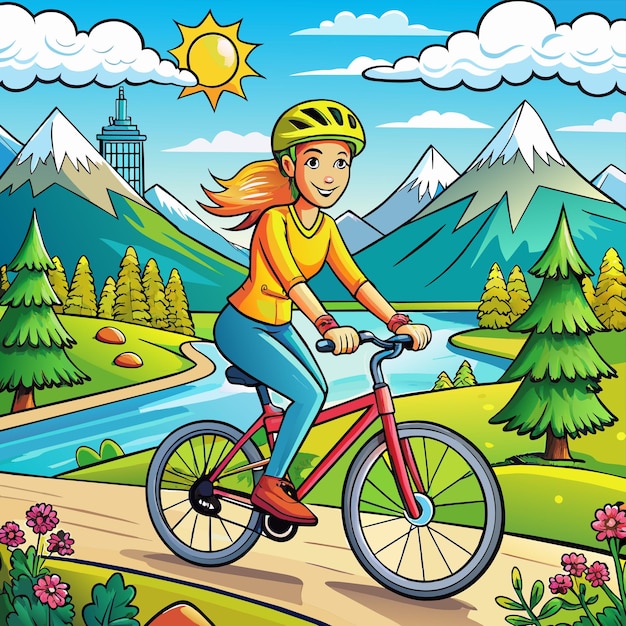 Vetor uma menina anda de bicicleta em uma pintura colorida com montanhas ao fundo