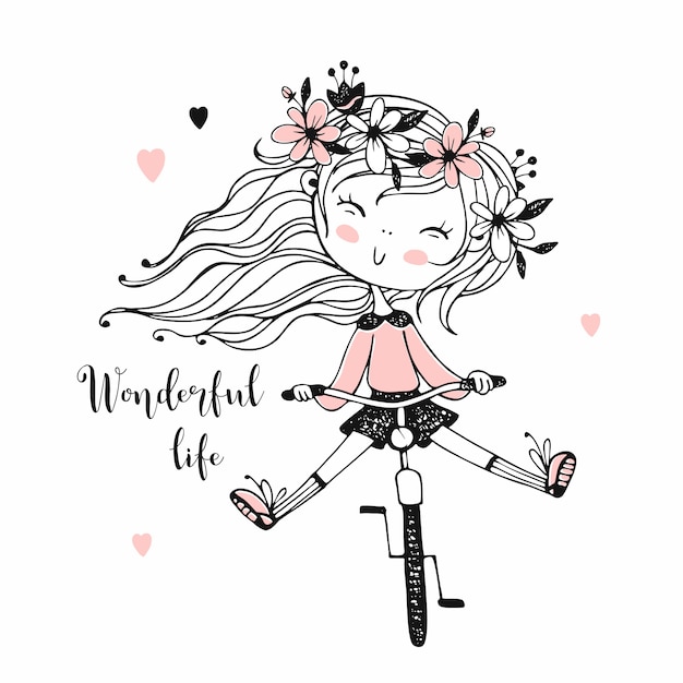 Uma menina anda de bicicleta. ilustração.