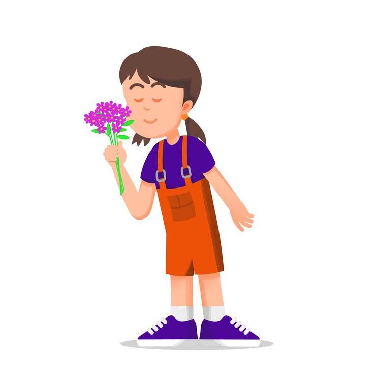 Vetor uma menina aprecia o cheiro das flores que ela está segurando