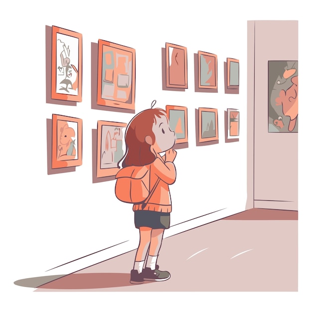 Vetor uma menina bonita a olhar para pinturas num museu.