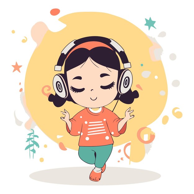 Vetor uma menina bonita a ouvir música com fones de ouvido.