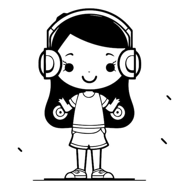 Vetor uma menina bonita a ouvir música com fones de ouvido.