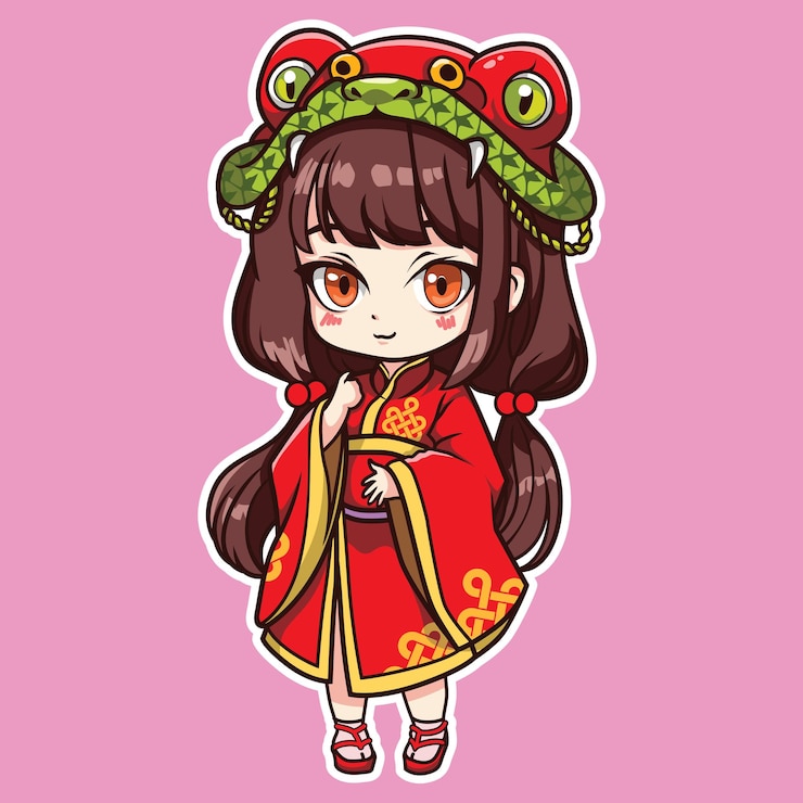 Vetor uma menina bonita com um chapéu de cobra comemorando o ano novo lunar chinês. ilustração vetorial