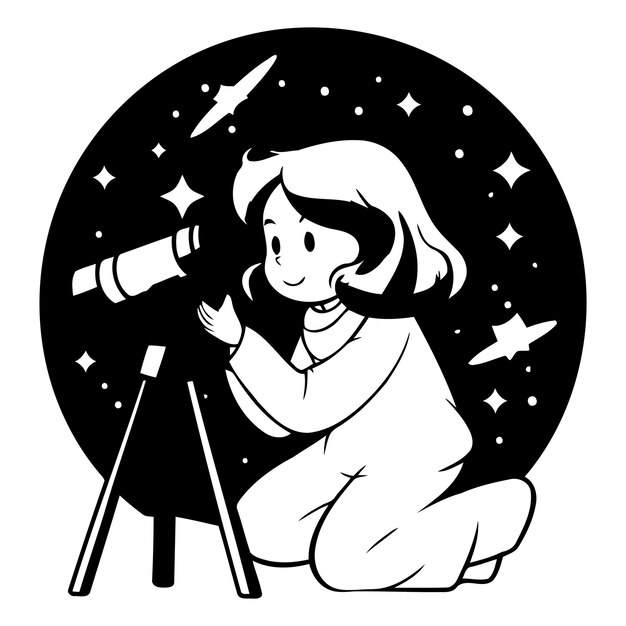 Uma menina bonita com um telescópio ao estilo de desenho animado.