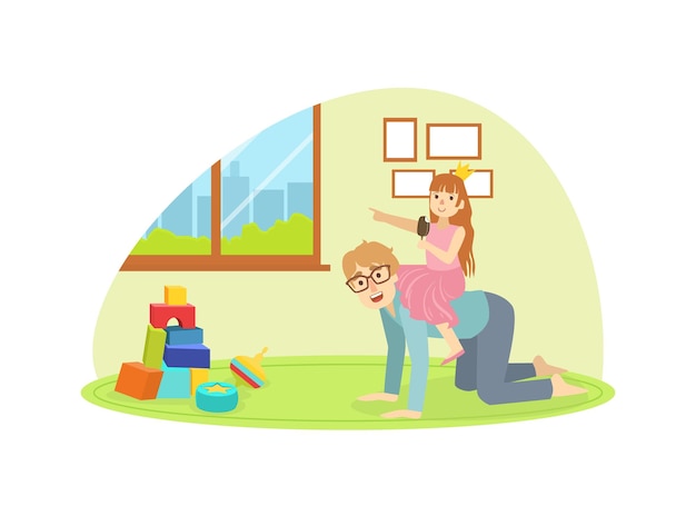 Uma menina bonita montando o pai de volta pai e sua filha se divertindo juntos ilustração vetorial