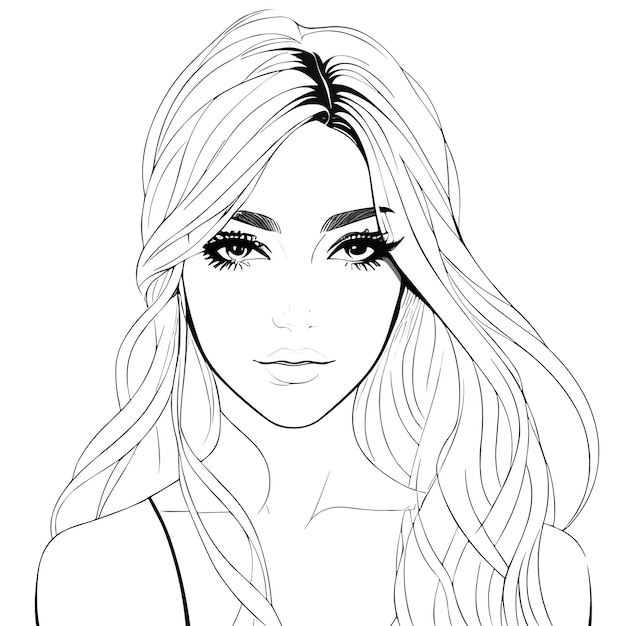 Uma menina com cabelo comprido e um desenho preto e branco de uma mulher com cabelo comprido