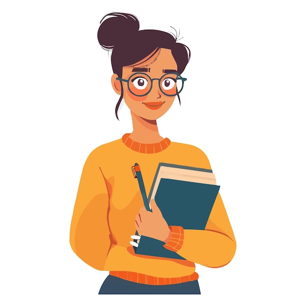 uma menina com óculos segurando um livro e um lápis na mão