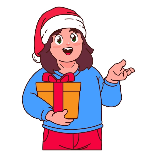 Uma menina com um chapéu de Papai Noel segurando uma caixa de presentes