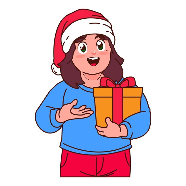 Uma menina com um chapéu de Papai Noel segurando uma caixa de presentes
