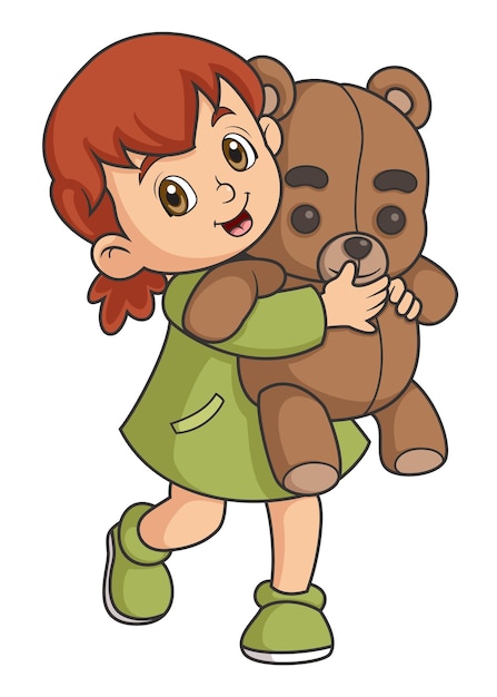 Uma menina de desenho animado a abraçar um urso de pelúcia.
