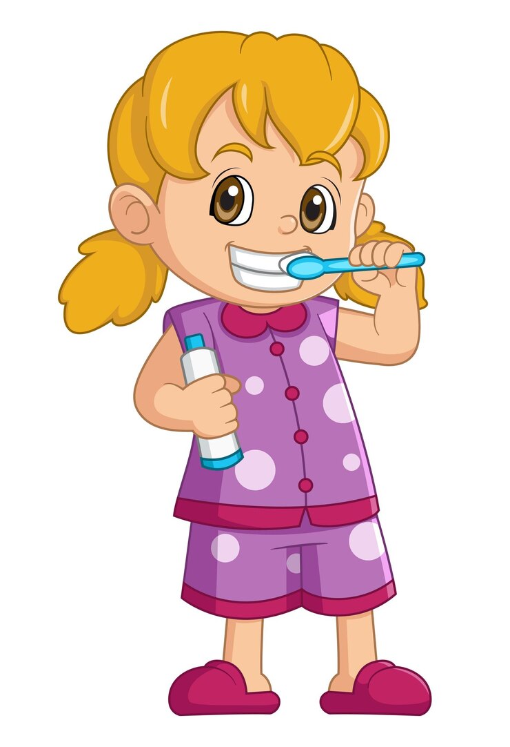 Uma menina de desenho animado a escovar os dentes.