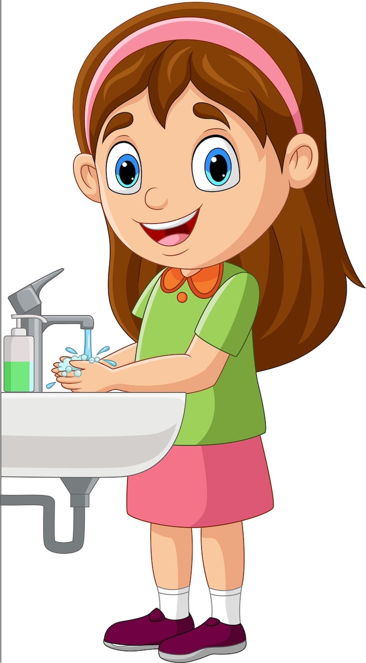 Vetor uma menina de desenho animado a lavar as mãos.
