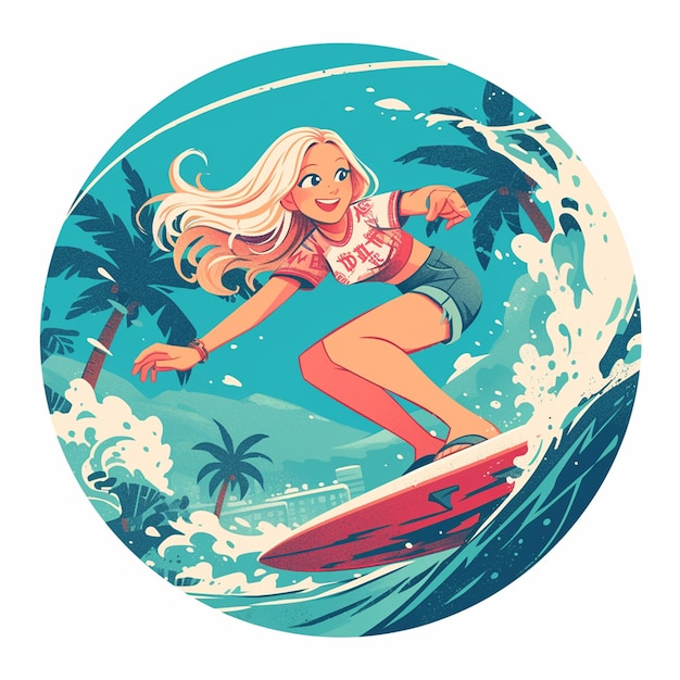 Vetor uma menina de san diego pratica surf no estilo de desenho animado