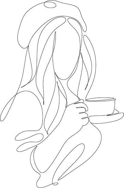 Uma menina desenhada à mão de arte de linha contínua bebendo caneca de vidro de bebida quente