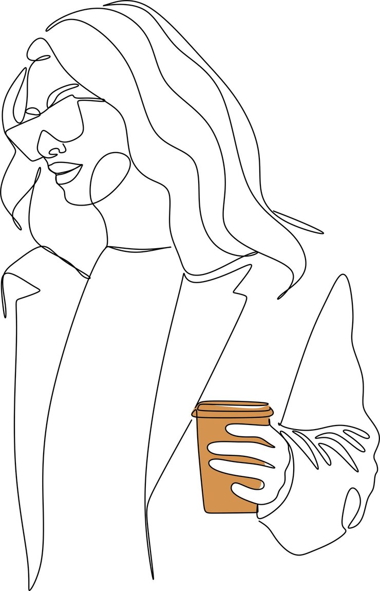 Vetor uma menina desenhada à mão de arte de linha contínua bebendo caneca de vidro de bebida quente