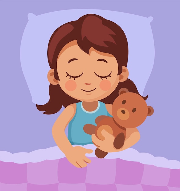 Uma menina doce dorme em paz abraçando um filhote de urso
