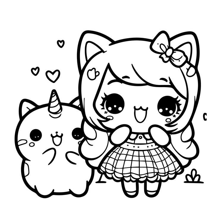 Vetor uma menina e seu gato estão olhando para um brinquedo