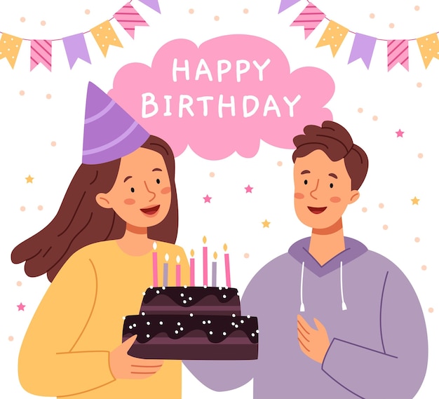 Uma menina e um menino seguram um bolo de aniversário atmosfera festiva confeti e guirlanda