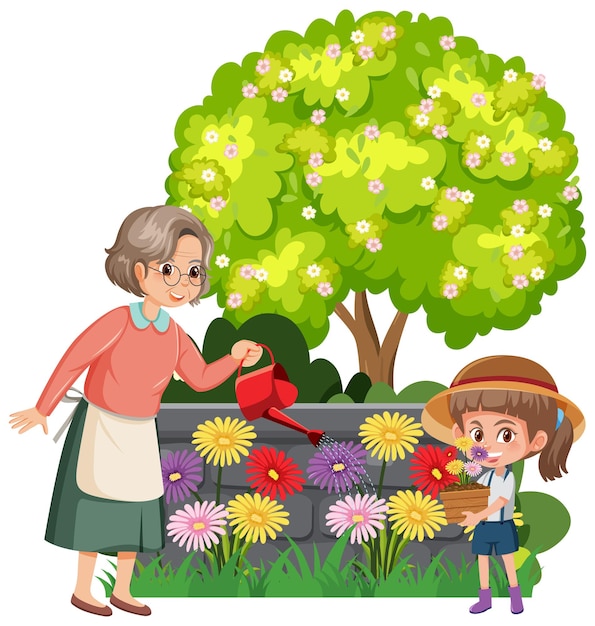 Uma menina e uma avó jardinagem