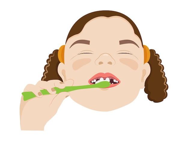 Uma menina escovando os dentes com uma escova de dentes verde.