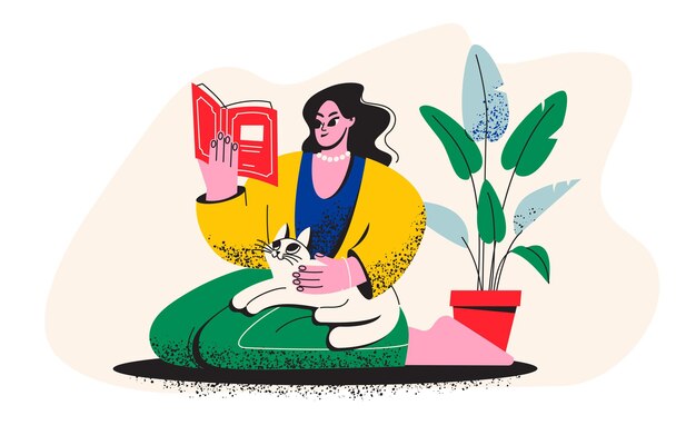 Uma menina está lendo um livro Uma mulher com um gato está sentada no chão com um livro Livraria da biblioteca