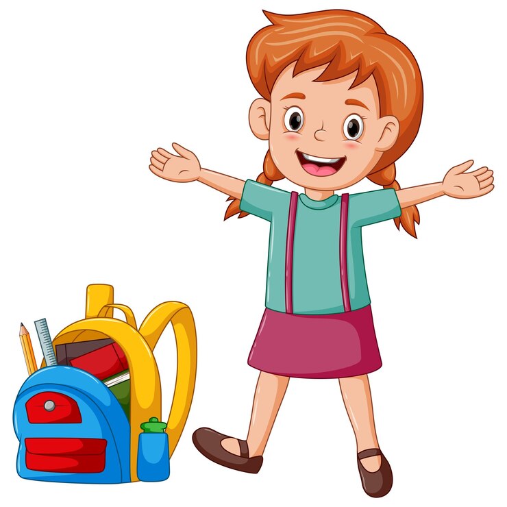 Vetor uma menina feliz e bonita pronta para ir para a escola.