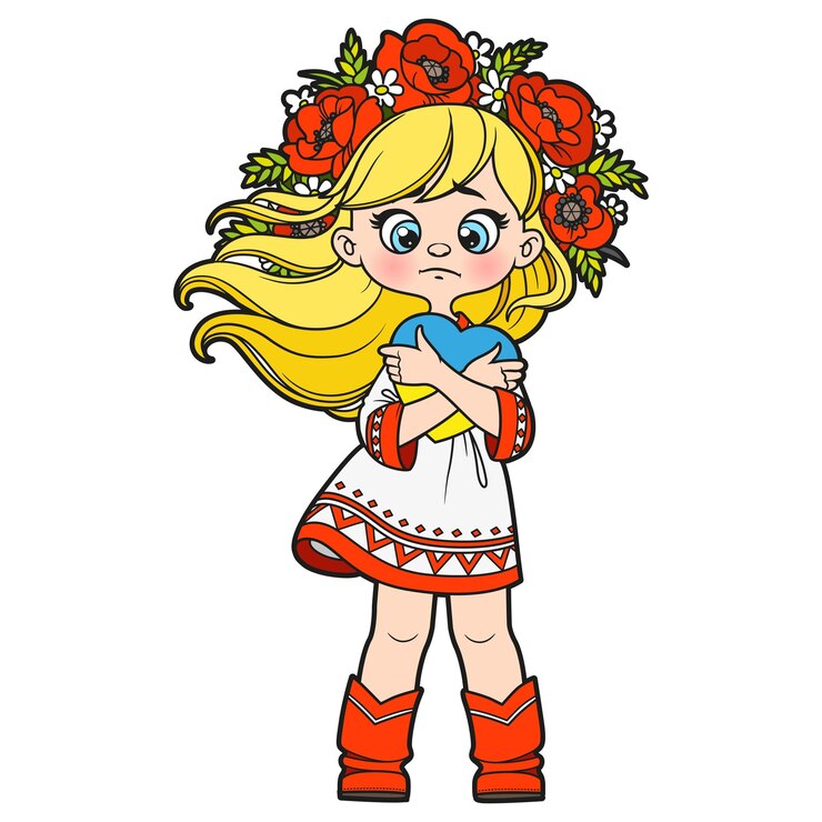 Vetor uma menina linda e triste em um vestido com bordados ucranianos e uma coroa de flores abraça uma imagem de coração para colorir