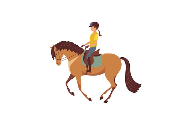 Uma menina montando um cavalo usando um capacete para segurança