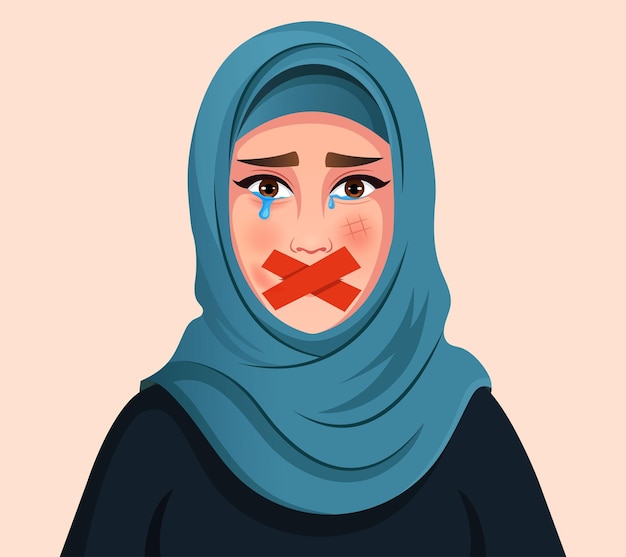Uma menina muçulmana com um lenço na cabeça chora Mulher vítima de violência doméstica