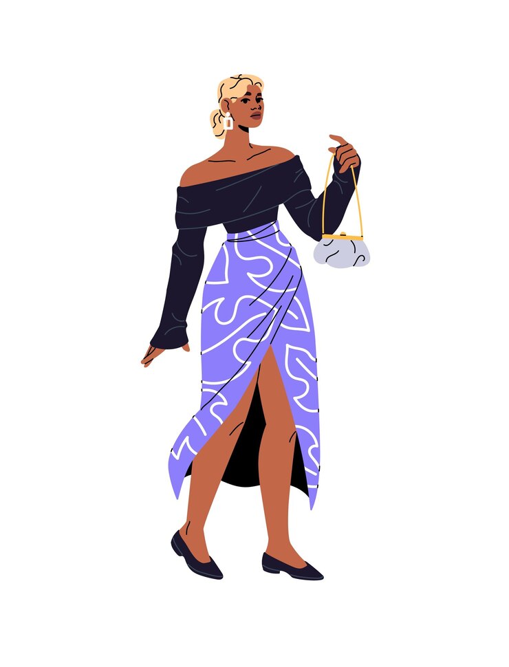 Vetor uma menina negra bonita está vestindo roupas de moda, uma jovem afro-americana com uma saia de fenda com padrões elegantes segura uma bolsa moderna, uma mulher com suporte de embreagem, uma ilustração vetorial isolada plana em branco.